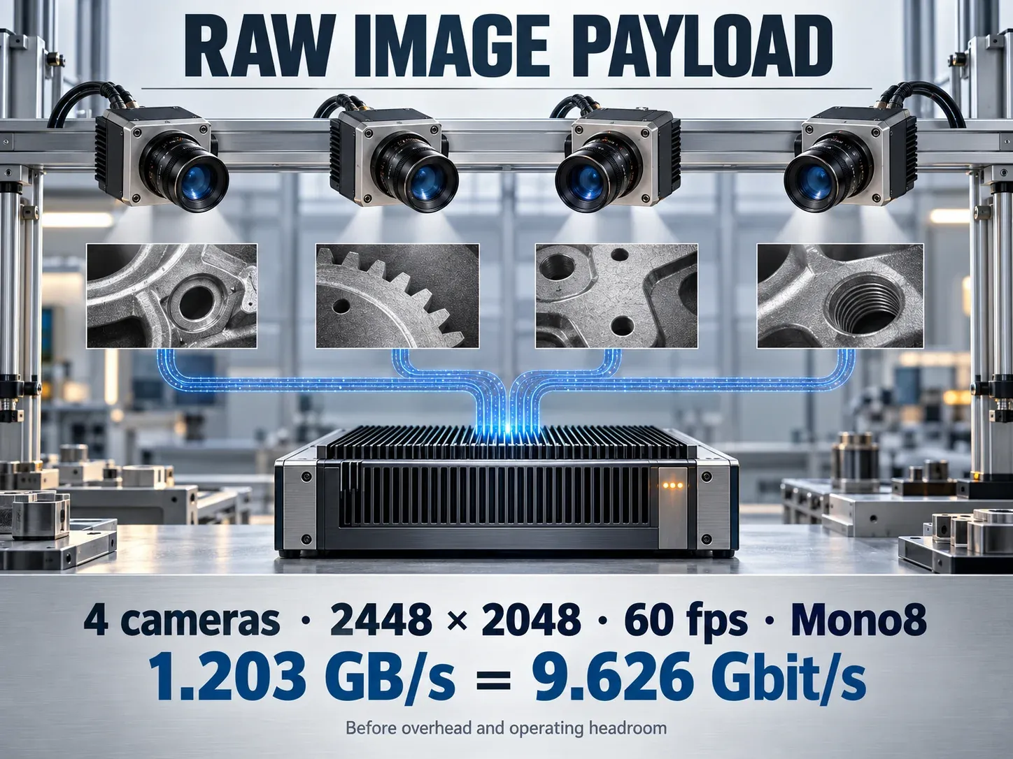 Four-camera Mono8 example showing raw payload before protocol overhead and operating headroom