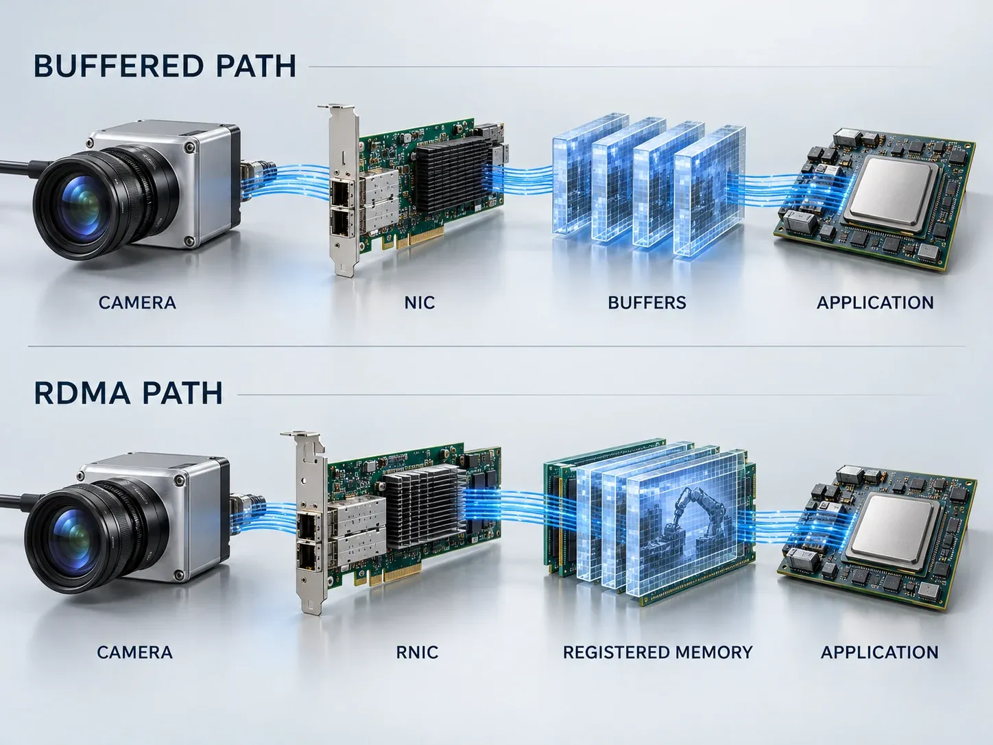 Conventional reception and an RDMA-capable acquisition path into registered host memory